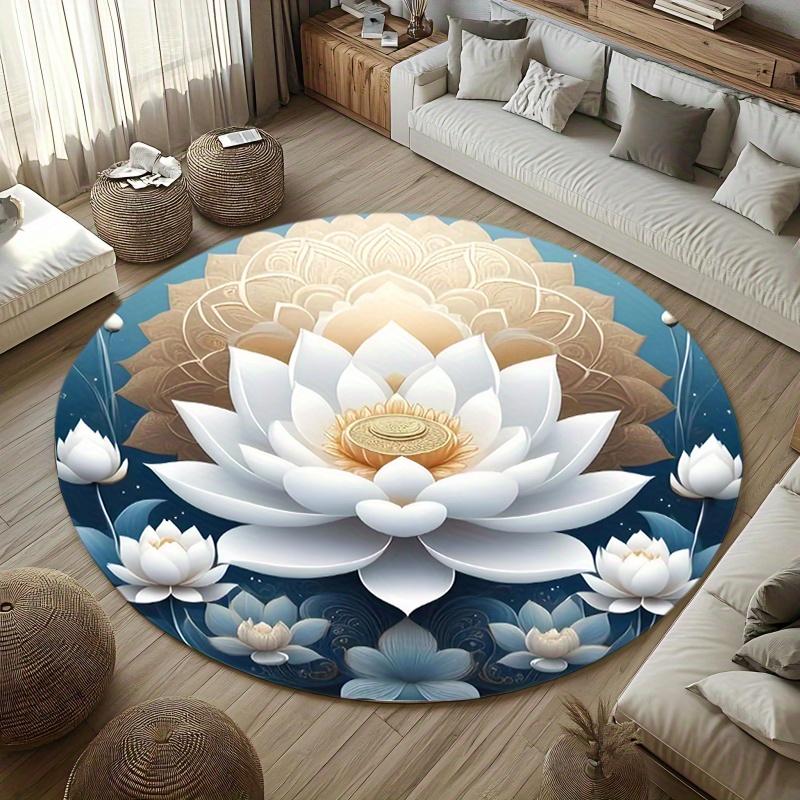 

White Water Lily Print Indoor Meditation Rug, Yoga Mat for Living Room Entryway Decor, Portable Floor Cushion for Seasons Diameter 60cm