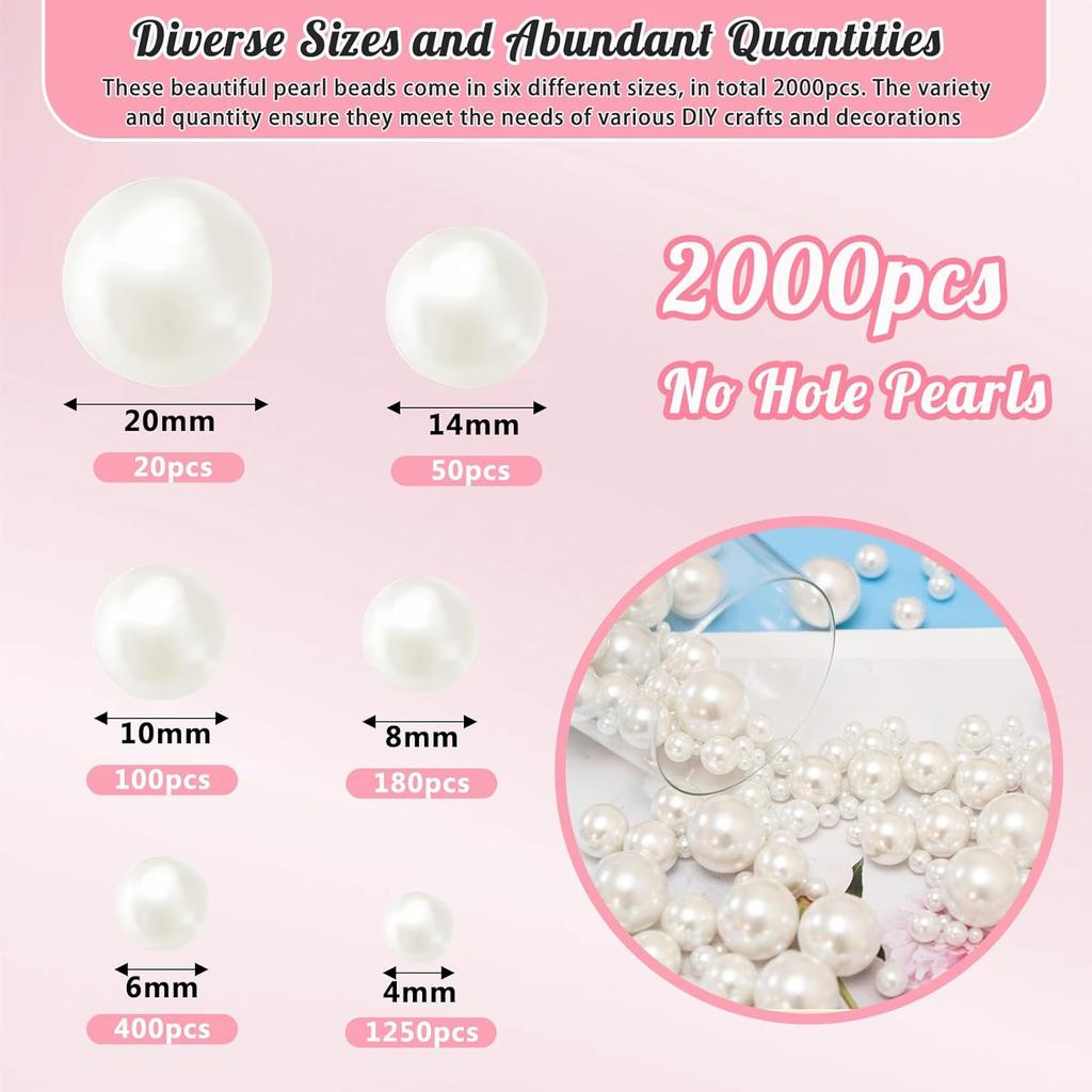 2000PCS Pearls for Crafting, Ivory No Hole Beads for Centerpieces Vases, Assorted Sizes Bulk Fake Pearls Beads for Vase Filler,Jewelry Making