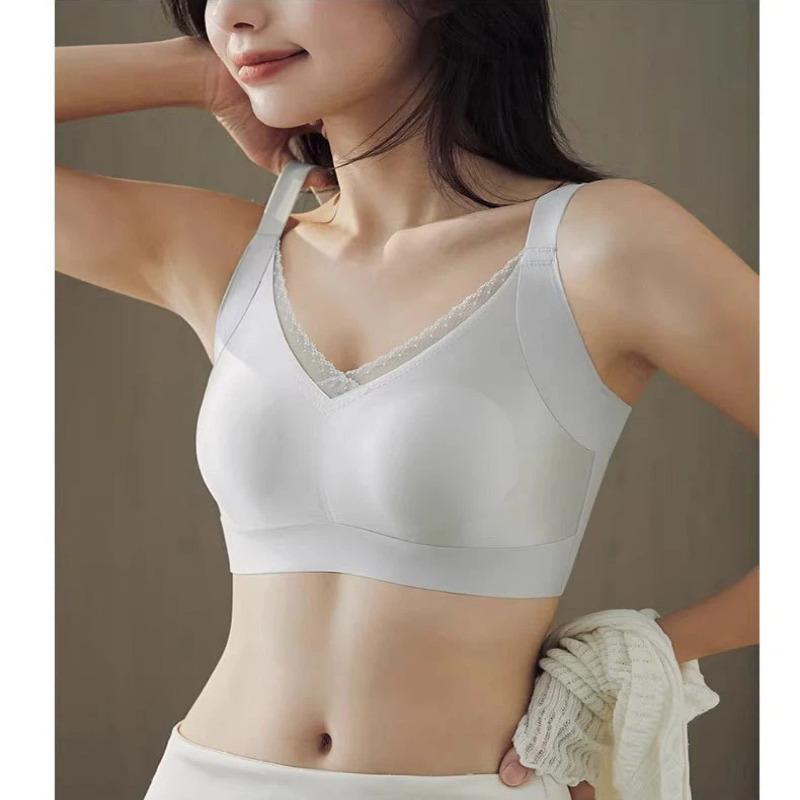 Women Lace V Neck Wireless Bra Wide Strap Seamless Comfortable Anti Sagging Lingerie