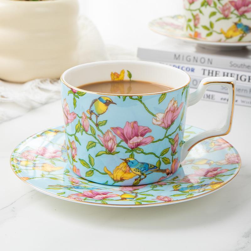 Ceramic Coffee Cup and Saucer Set 270ml Floral Bird Pattern Gold Rim for Tea 4 Colors
