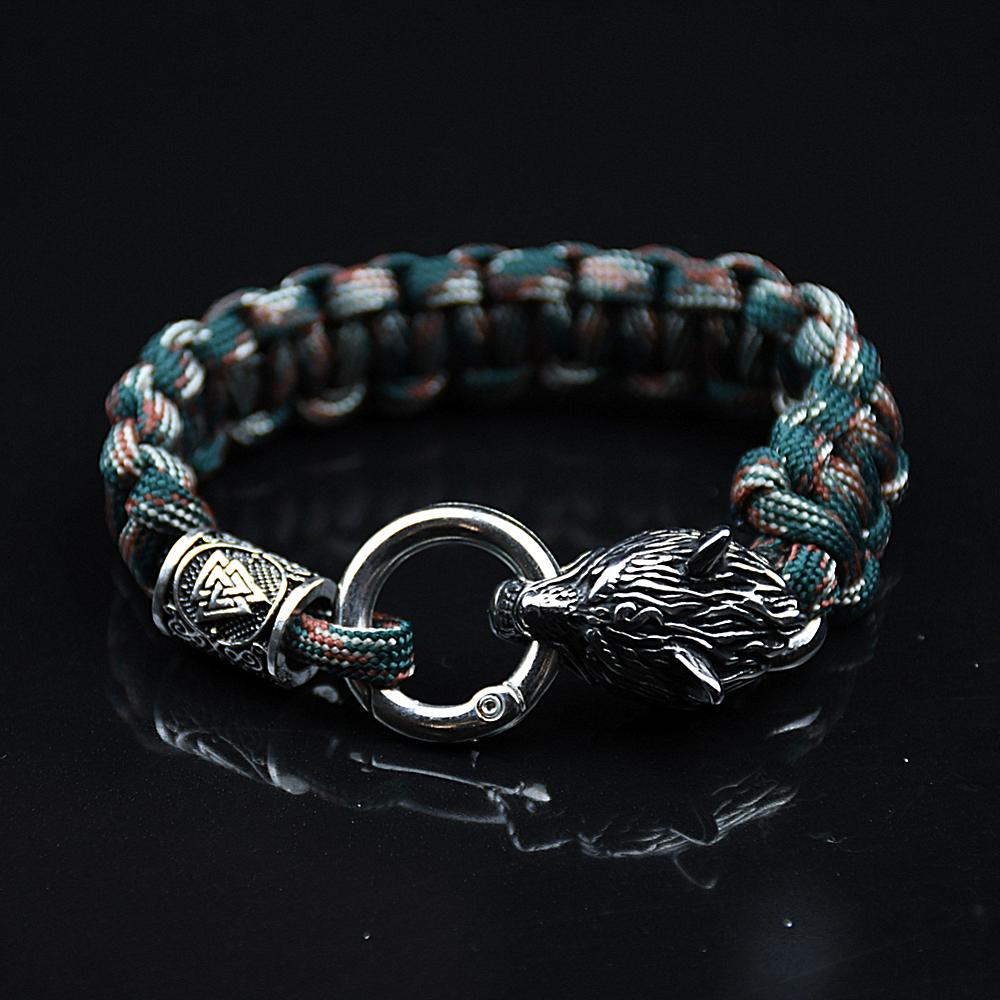 Stainless Steel Wolf Bracelets Men Norse Vikings Runes Paracord Rope Bangle Jewelry for Men