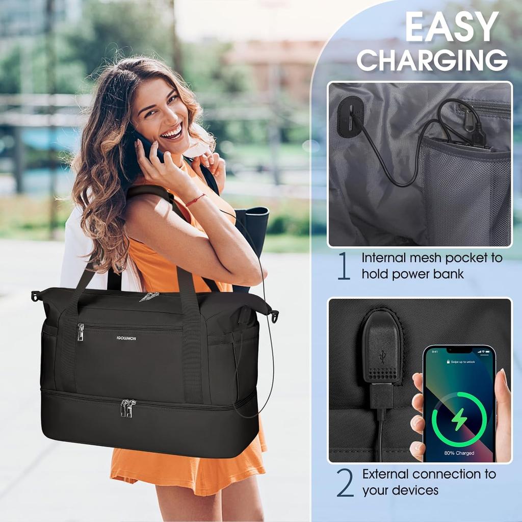 2Pcs Women's Travel Duffel Bag Waterproof Weekender Overnight Bag with Shoe Compartment
