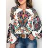 Spring and Autumn Women's Digital Print Round Neck Lantern Sleeve Shirt