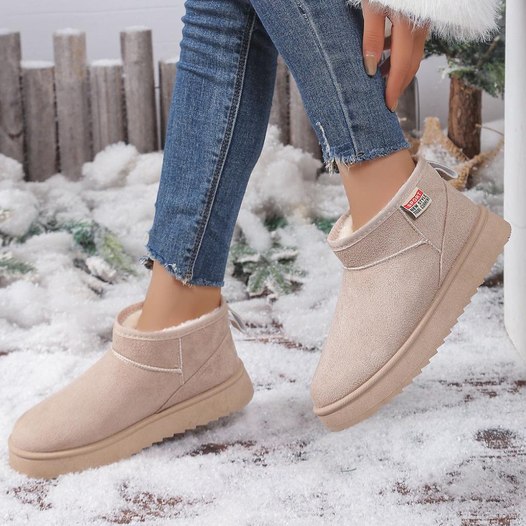 Fashion Women's Solid Color Thick Plush Snow Boots Comfortable Flat Ankle Boots Woman Winter Casual Slip On Flat Cotton Shoes