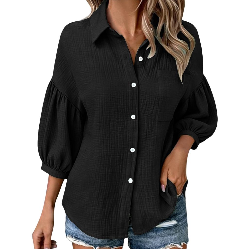 Women's Fashionable Loose-Fit -Color Casual Button-Down Shirt