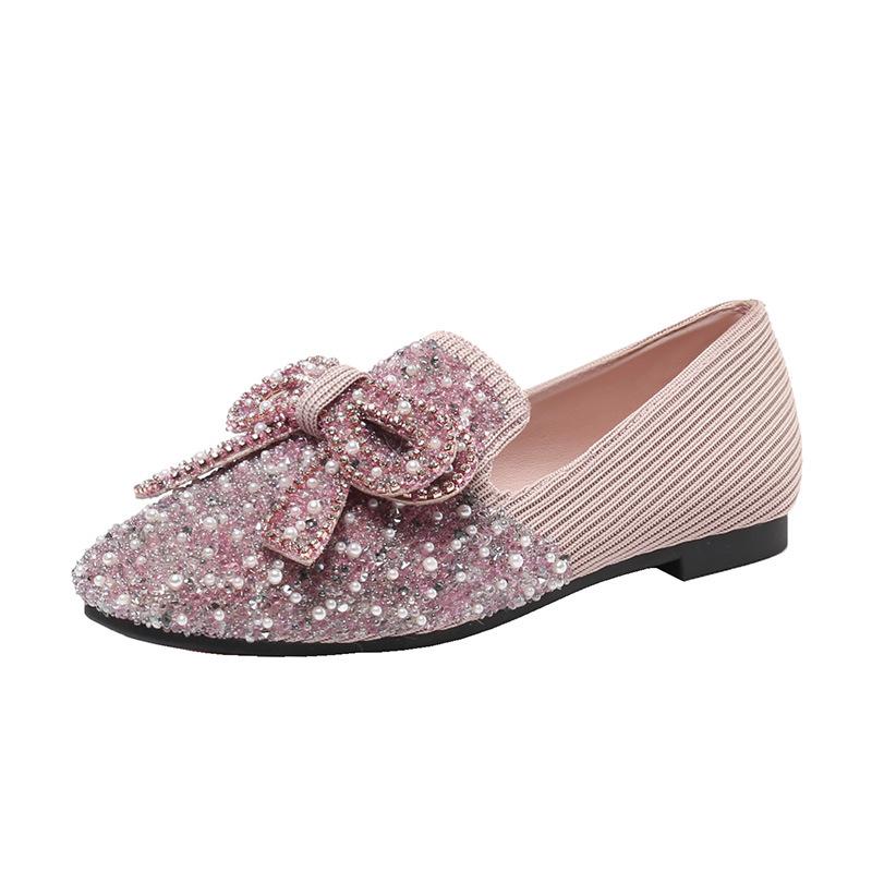 Flat-soled Ladyshoes Women's New Single Shoes Bow Gentle Rhinestone Pearl Shoes To