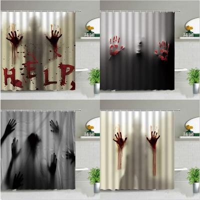 Terror Halloween Bluthandabdruck Bedruckte Duschvorhänge Tag der Toten Totenkopf Hintergrund Wanddeko Hängender Vorhang Mit Haken