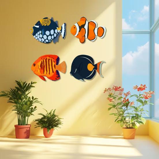 4 Stück Holzfisch Nautische Wanddekoration Rustikal Fischschwarm Wandkunst Küstenthema Ozean Wandskulptur für Seehaus Zuhause Badezimmer Schlafzimmer