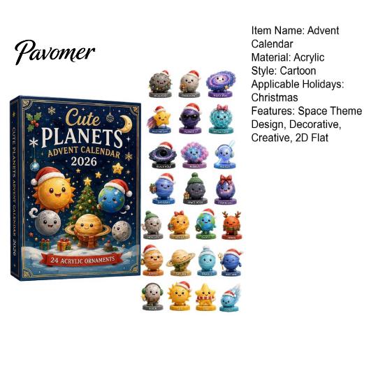 Astronomy Gift for Kids Space Advent Calendar, 24Pcs 2D Flat Acrylic Ornament Set with Planet Star Themed Hanging Decorations Designs, Christmas Tree