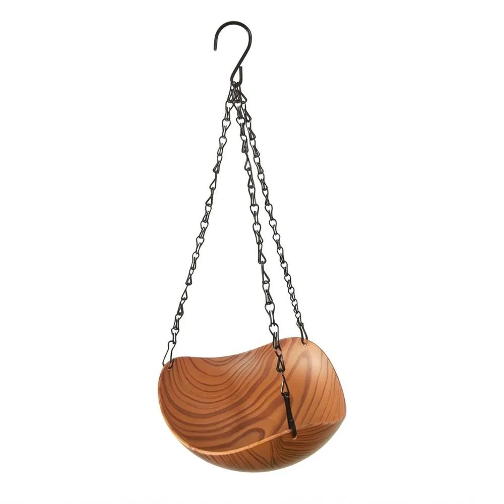 Retro Style Wood Grain Bird Feeders Thickened Iron Chains Open Bowl-shaped Hanging Bird Bath S Hooks Plastic