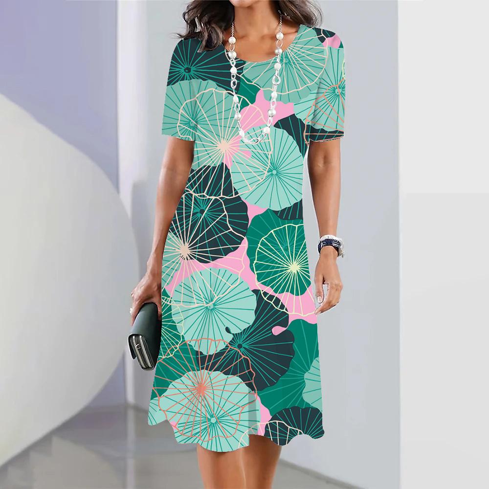 Damen Sommerkleid Kurzarm Blau Floral 3D-Druck Rundhalsausschnitt Mode Partykleid