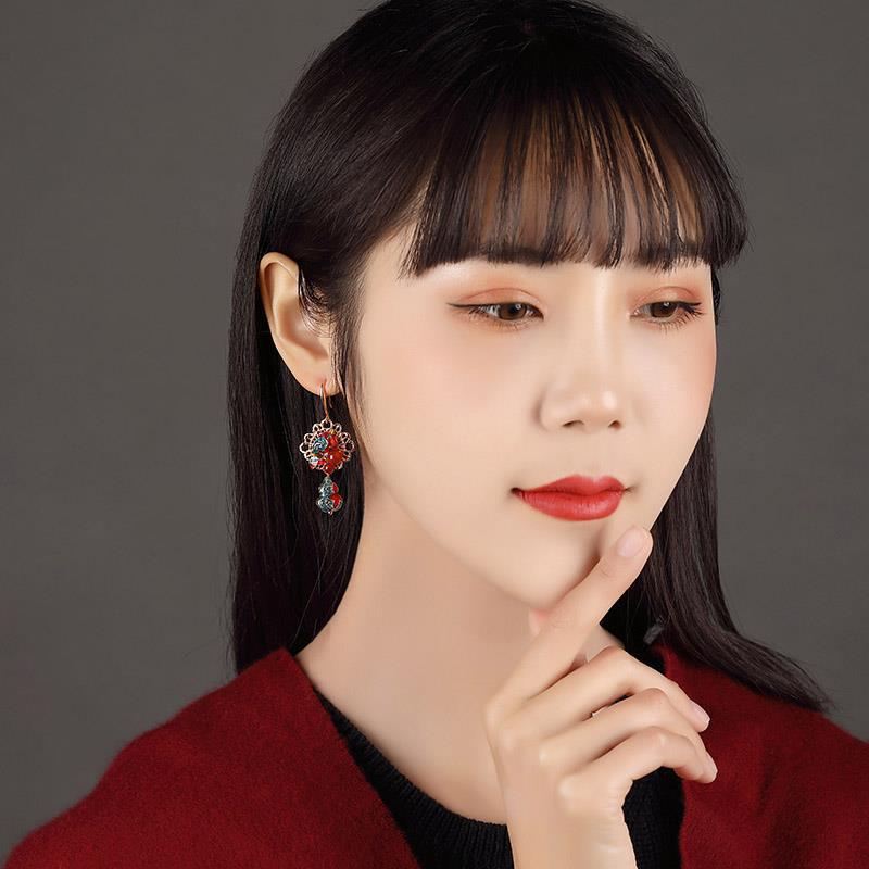 GEMCHIC Women's Vintage Cloisonné Fish Earrings with Red Agate, Chinese Ethnic Style Gold Plated Dangle Earrings for Cheongsam
