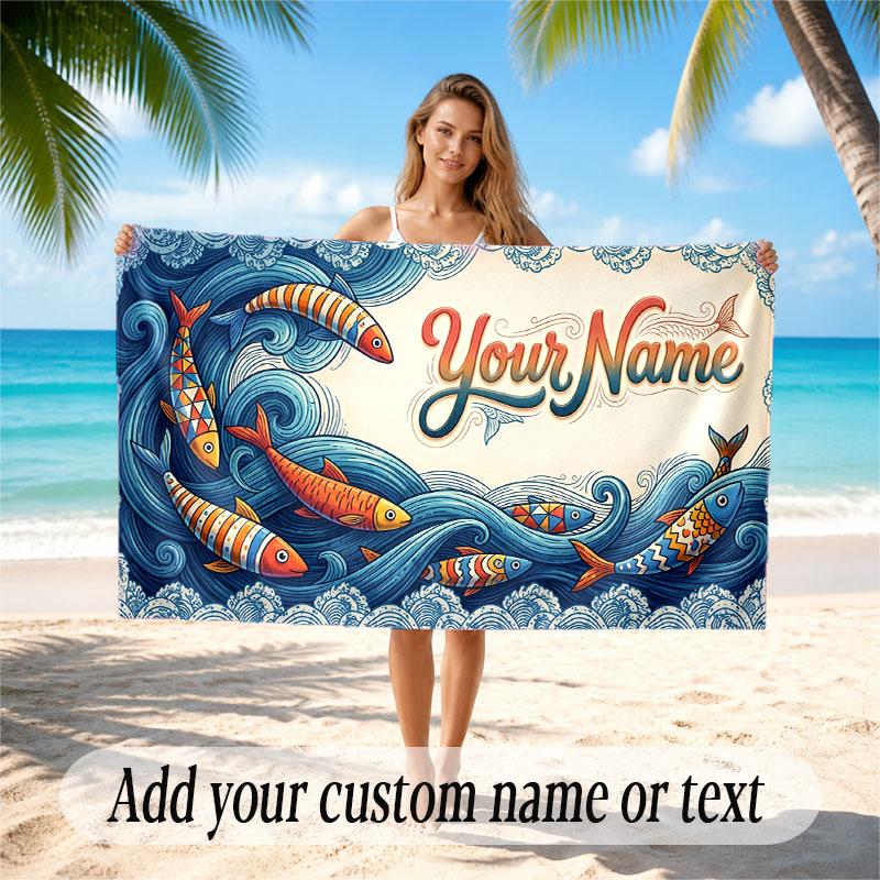 Fish Ocean Theme Beach Towel Personalized Custom Name & Text Soft Quick Dry Beach Towel for Swimming Travel