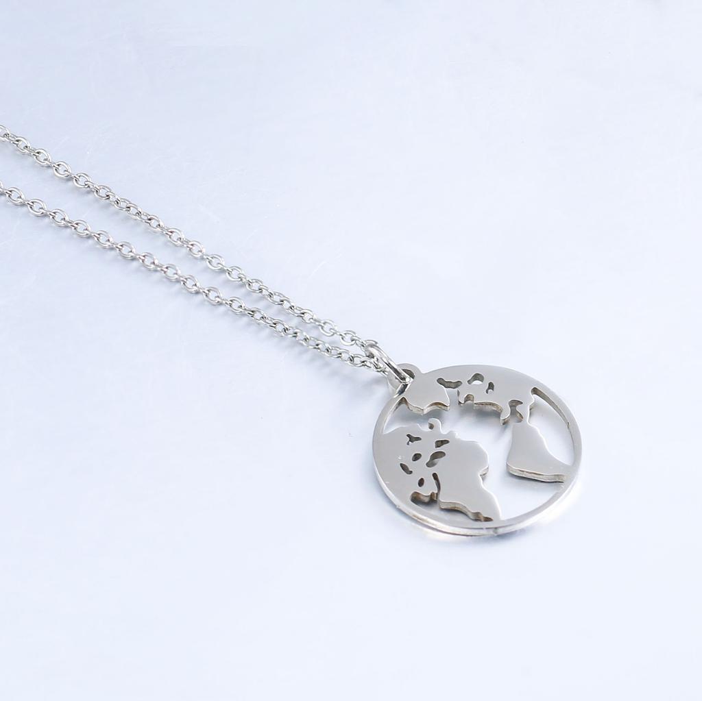 Cross-border Hot Selling World Map Travel Necklace Fashion Stainless Steel Jewelry Hollow Earth Pendant Women's Bamboo Sporty