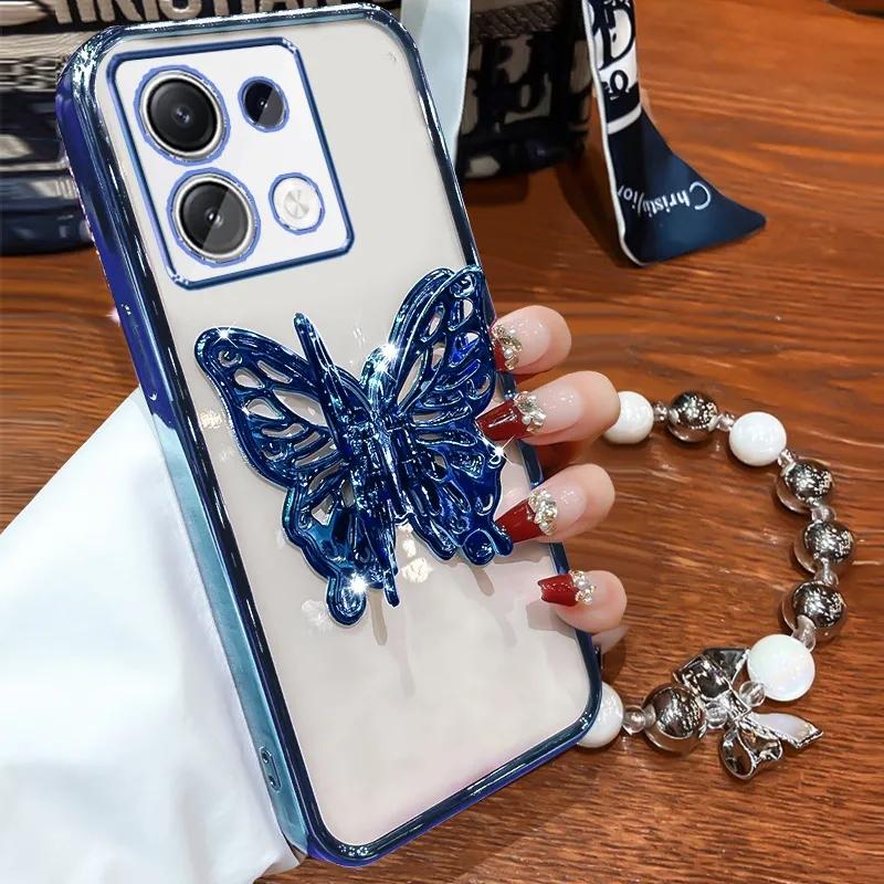 3D Butterfly Phone Holder Bead bracelet Glitter Plating Case for Xiaomi Redmi Note 13 Pro Plus 4G 5G Back Cover