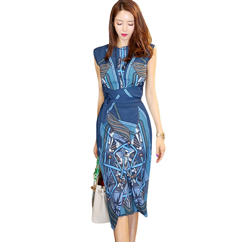 

GRAXIA Кабаре Миди Шарф Размер для Платья Хостесс и Лаунж, Платье, Без рукавов, Принт, Элегантный, На пуговицах спереди, До колена, Темно-синий, L, Хостесс, Клубы,