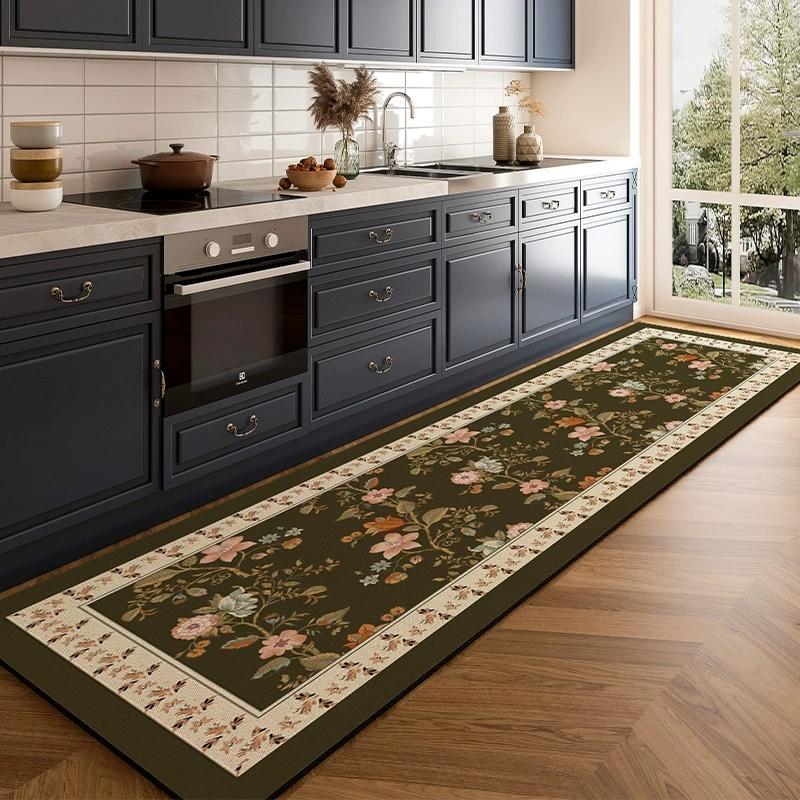 Vintage Floral Pattern Hallway Kitchen Carpet Mat Rug Home Decoration Dark Green Flower Design Floor Decor Non Slip