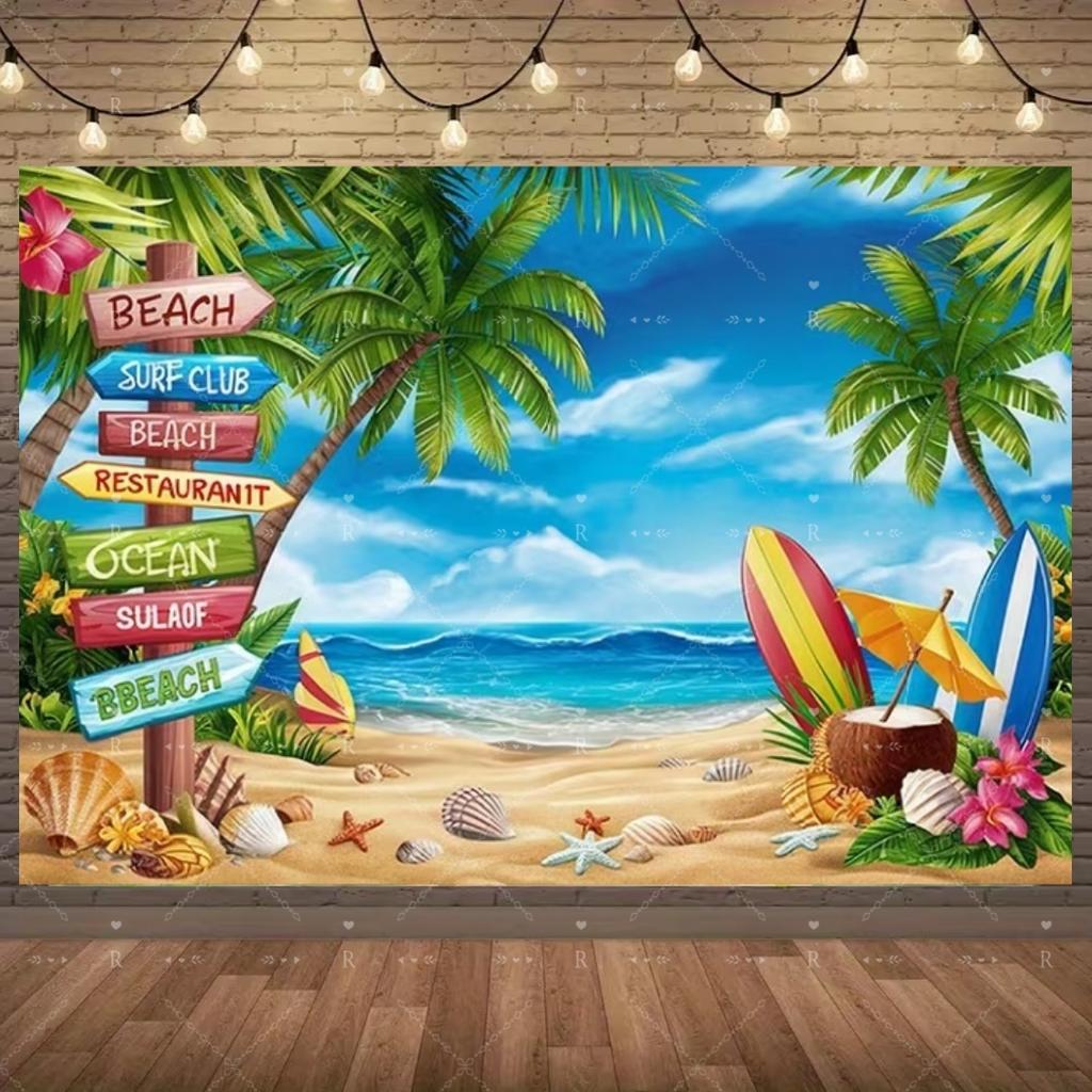Summer Beach Holiday Party Decoration Backdrop Sunshine Flamingo Ocean Surfboard Portrait Photography Background Props Banner