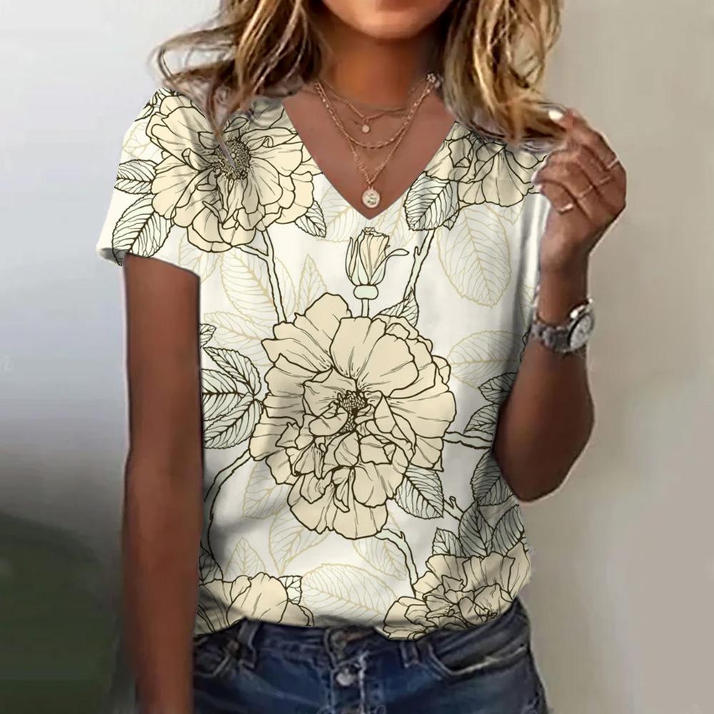 Women's T-shirt Floral Print Summer Loose and Comfortable Short-sleeved Pattern V-neck Casual T-shirt Casual Elegant Clothing