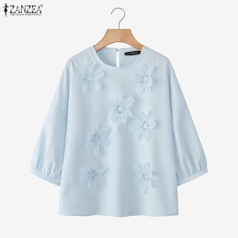 ZANZEA Lässige Bluse mit Rundhalsausschnitt und 3/4-Ärmeln für Damen