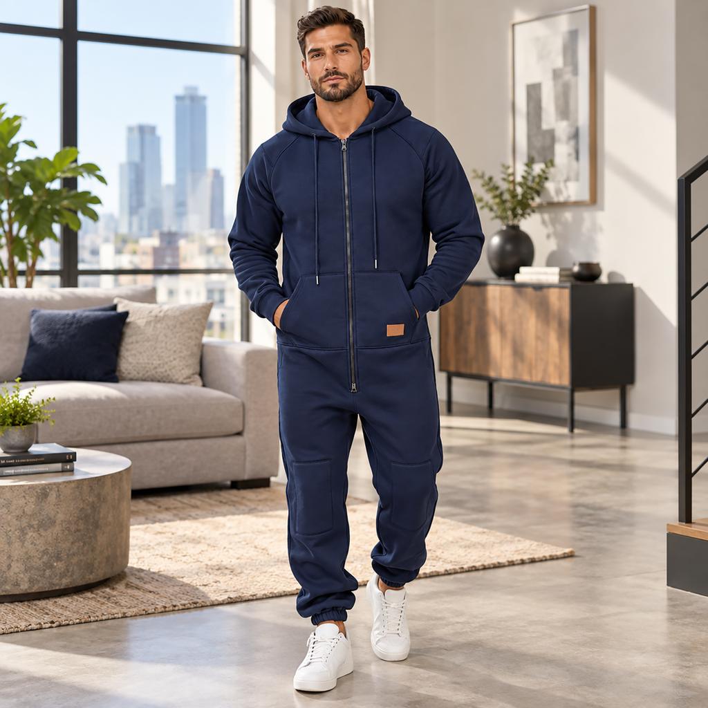 Men's Hooded Cargo Jumpsuit with Multi Pockets, Zip Front and Jogger Cuffs, One-Piece Coverall
