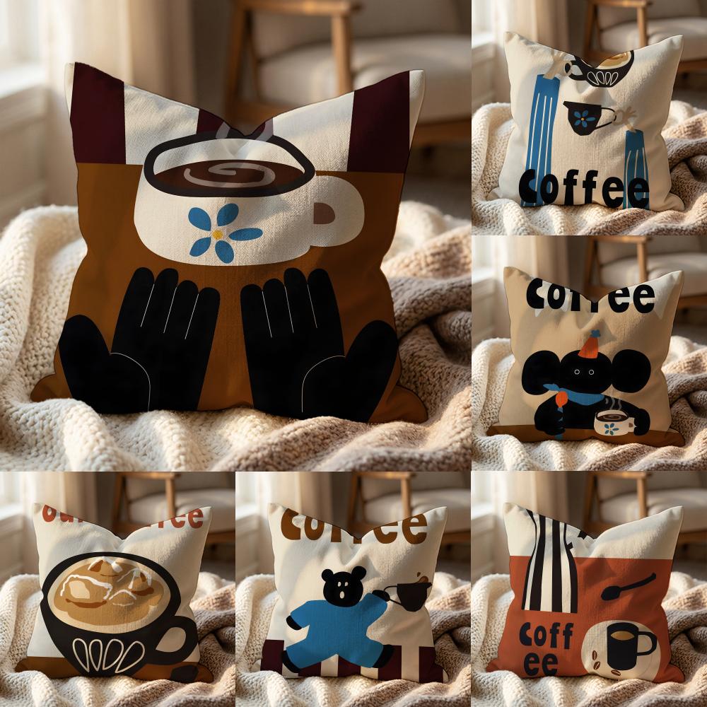 Creative Coffee Illustration Cushion Cover Multi-Scene Pillow Cover for Home & Car - Reversible, Soft & Durable for Daily Use