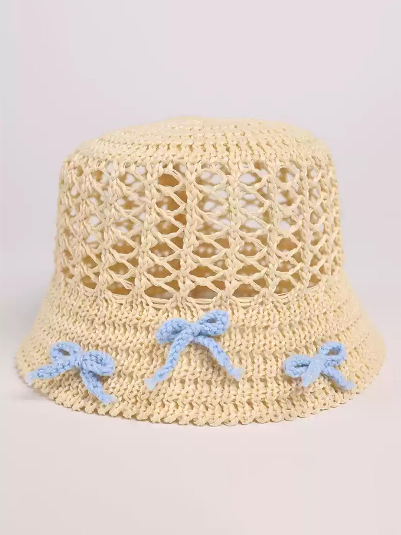 

Шляпа женская вязаная ажурная шляпа-ведро модный бант уличная солнцезащитная шляпа Average size