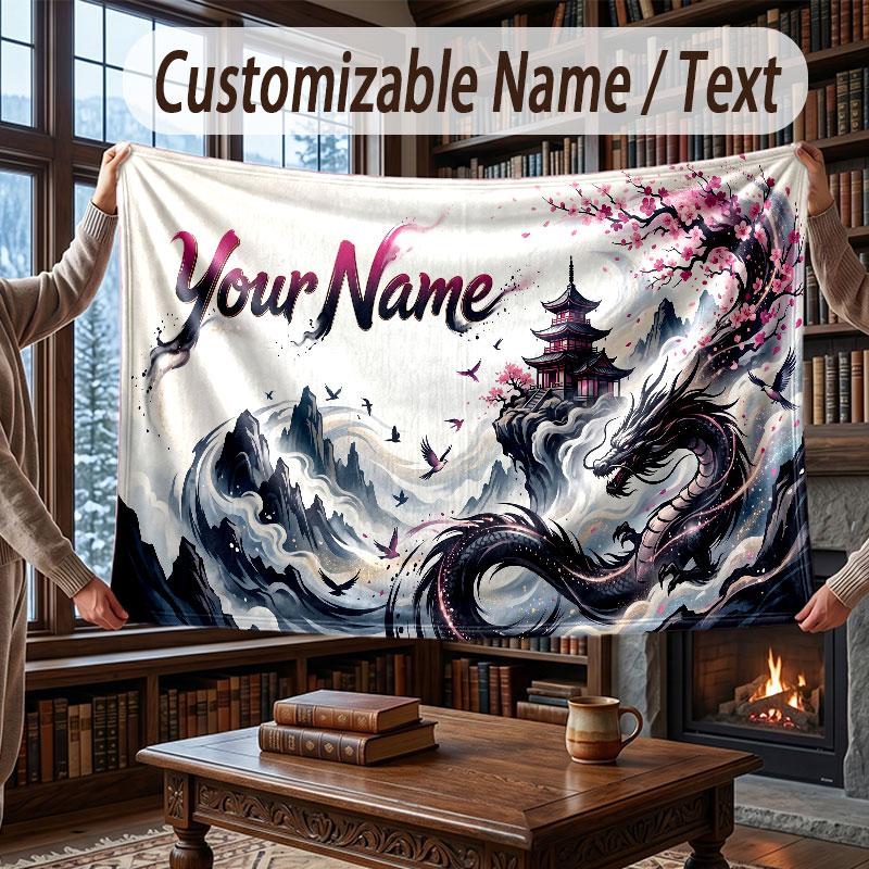 Dragon Theme Throw Blanket Custom Name Text Personalized Blanket Soft Cozy Blanket for Home Sofa Bed