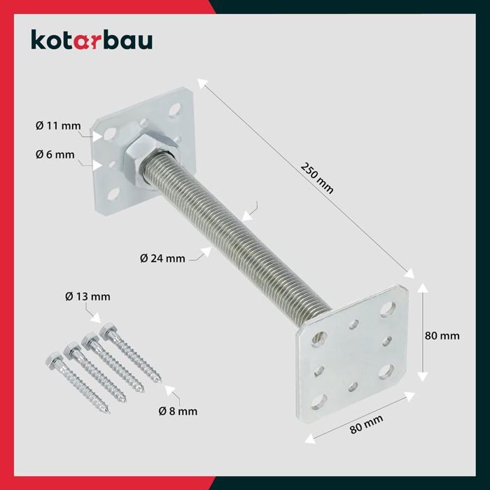 Support de poteau - set de 2 pied de poteau galvanisé et réglable - pour bois - filetage M24 mm - 80 x 80 x 250 mm - KOTARBAU