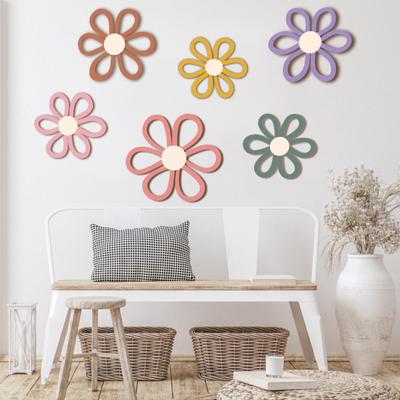 6Pcs/Set Bohemia Flower Wall Hanging Ornament Decoration Farmhouse Rustic Wooden Floral Wall Art Home Office Living Room Bedroom Wall Decoration