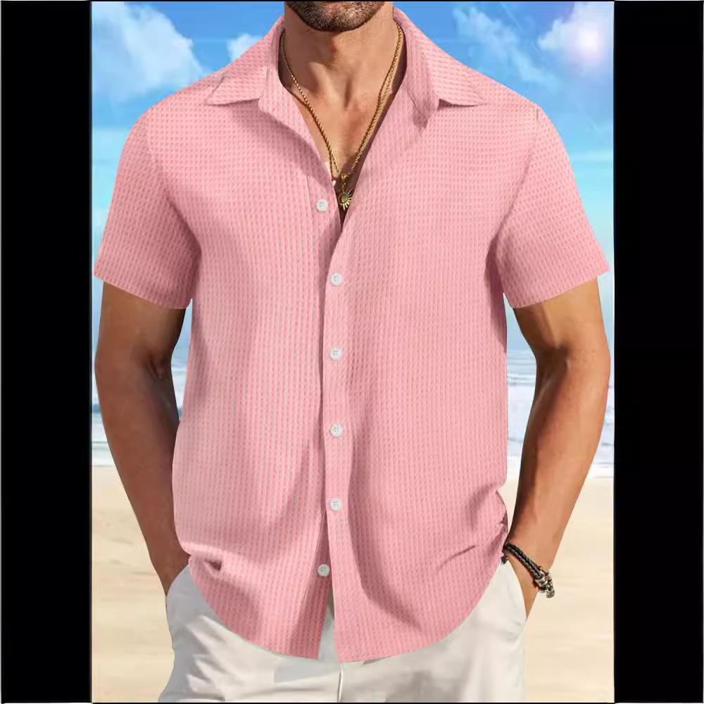 Men's Fashion Summer Buttoned Top Slim Fit Business T-shirt Short Sleeve Turn Down Collar Shirt