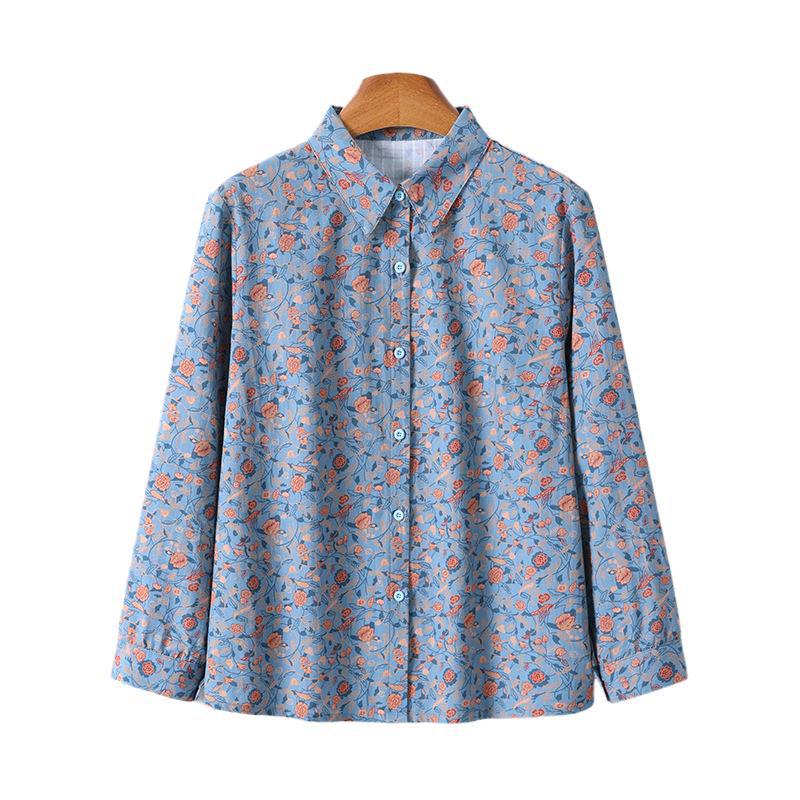 Mom's Spring Floral Long Sleeve Cotton Shirt for Middle-Aged & Elderly Women