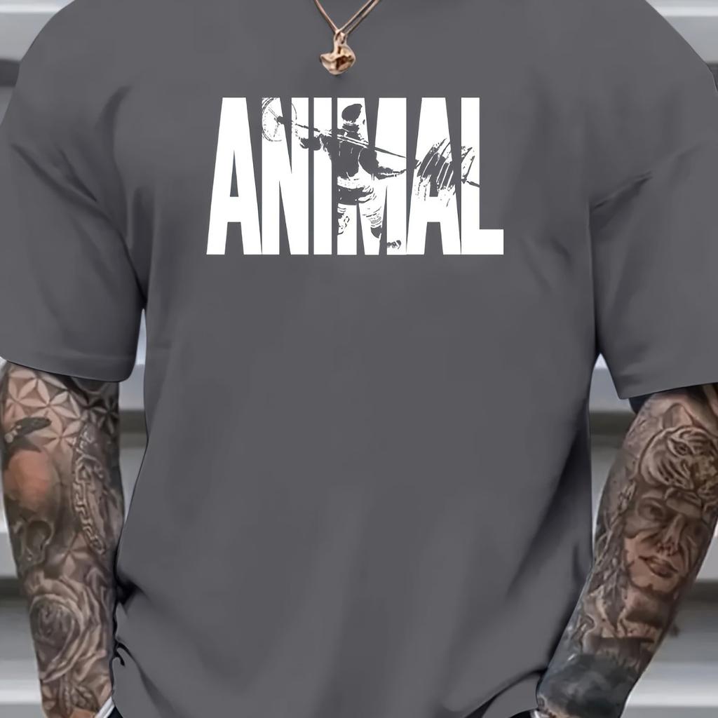 Plus Size Men's Graphic Print "ANIMAL" T-shirt - Men's Clothing Men's Casual Crew Neck T-Shirt Soft Stretch Fabric Short Sleeve