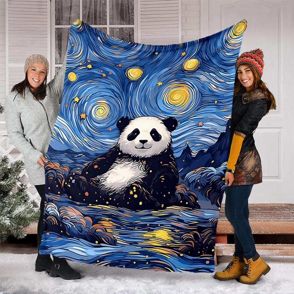 1pc Panda Night Sky Print Outdoor Blanket, Lightweight Polyester,