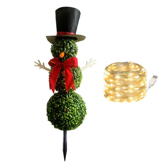 Christmas Snowman Topiary Artificial Snowman Shaped Topiary Tree with Bow And Hat Outdoor Boxwood Topiary with Stake for Home Porch Decor