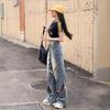 Women's American-Style Distressed Wide-Leg Jeans, High-Waisted, Slimming, Floor-Length, Trendy Autumn Fashion.