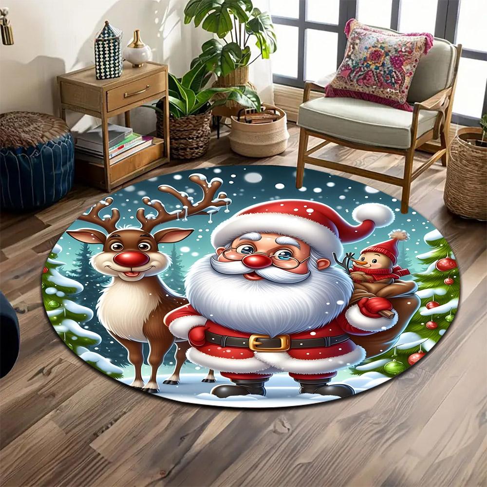 Santa, Reindeer, and Festive Snow Scene Print Round Rug, Living Room, Bedroom, Playroom Carpet, Non Slip Floor Mat, Gift