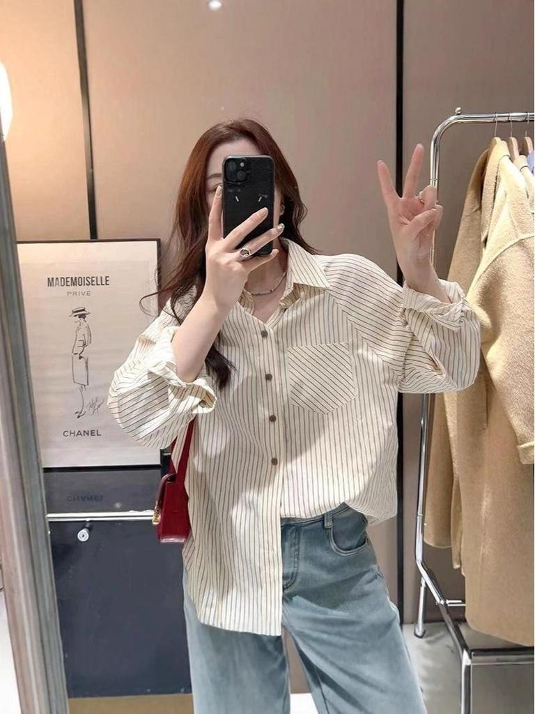 Women's Japanese-Style Striped Raglan Sleeve Shirt - Trendy, Loose, and Versatile for Spring and Autumn