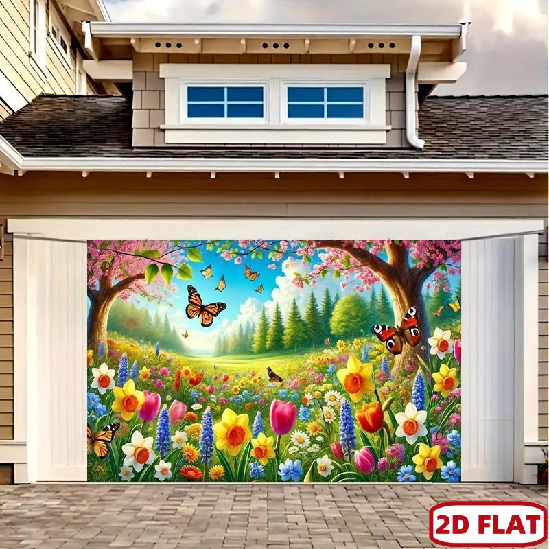 2D flat 1pc Vibrant spring meadow party polyester banner - colorful flowers and lush green plants design, photography ba
