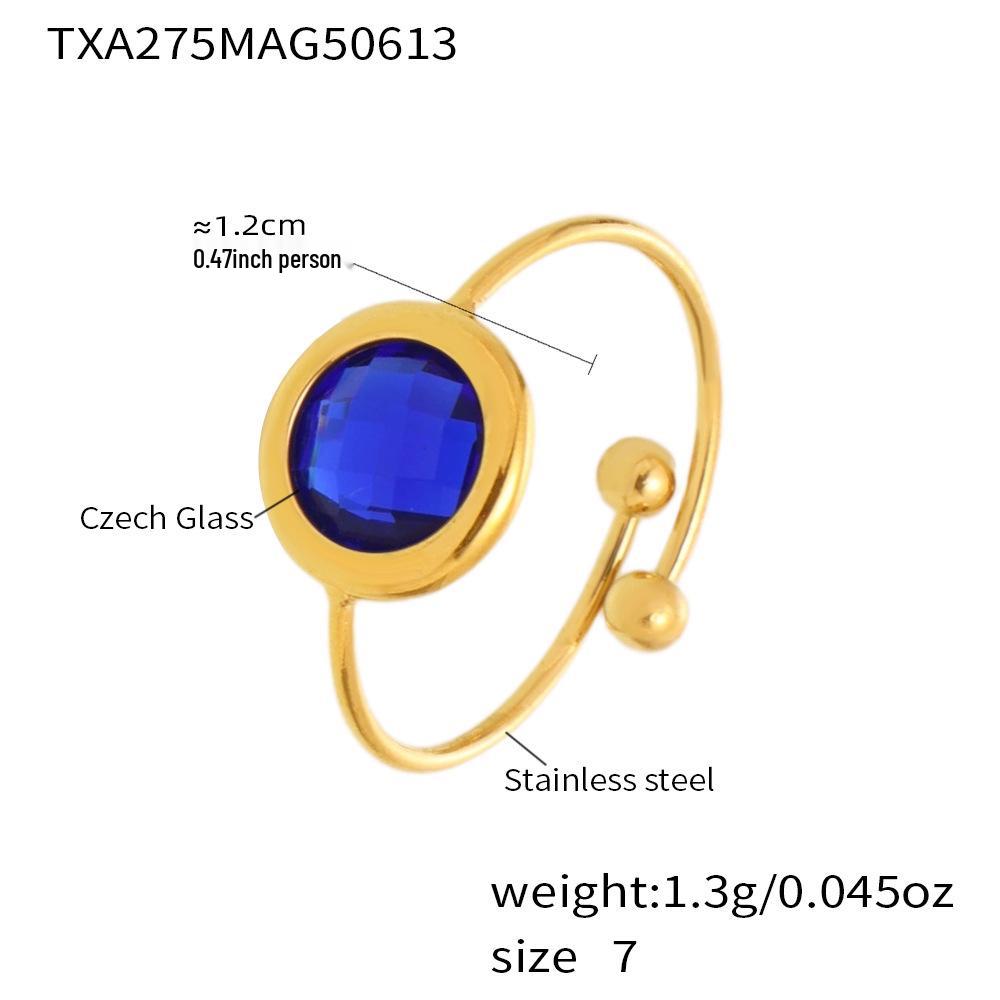 Qiong Yao Round Czech Glass Stone Sparkling Stainless Steel Open Tail Ring