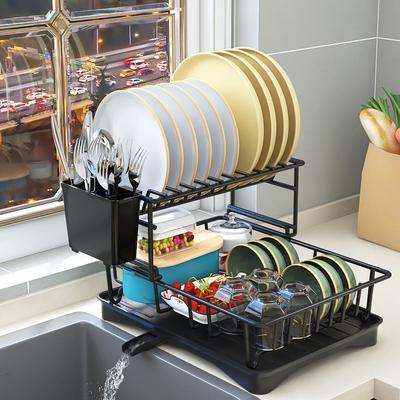 Large Dish Drying Rack for Kitchen Counter, 2-Tier Dish Drying Rack with Drain Board, Detachable Dish Drainer Organizer, Sink Utensil Holder