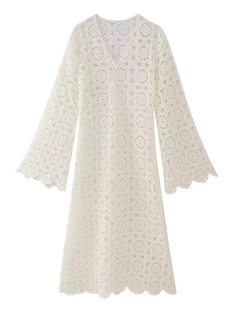 

Летнее повседневное кружевное платье с вышивкой и принтом, женское винтажное шикарное платье с V-образным вырезом и длинным рукавом, женский дизайн, модная свободная однотонная одежда, женская одежда L бежевый