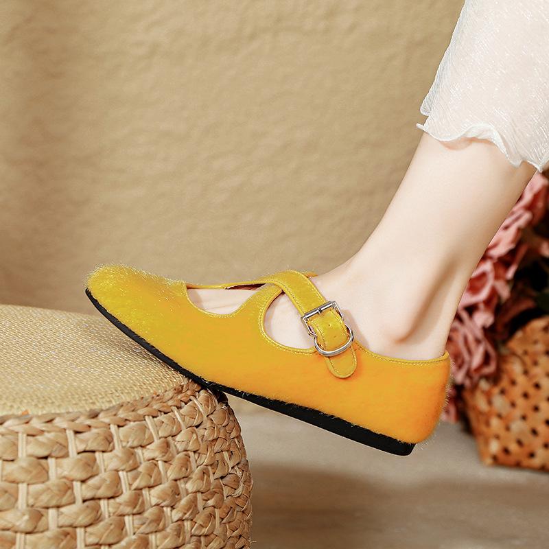 Simple and Versatile Suede Cross-buckle, Mary Jane Shoes, Women's Gentle and Shallow Temperament, Single Shoes, Ballet Shoes, Leopard Print.