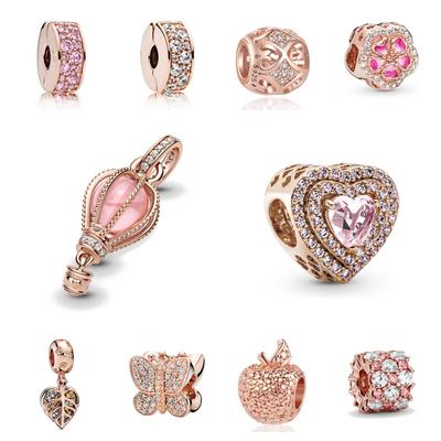 Nova Cor Ouro Rosa Coração Com Pedra Rosa Balão Borboleta Conta Serve Pulseira Original Banhado a Cobre Faça Você Mesmo Joias Femininas