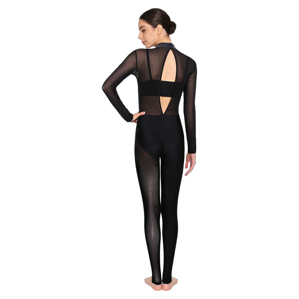 Womens Gymnastics Unitard Bodysuit Rhinestone Sheer Mesh Patchwork Cutout Back Full Body Jumpsuit Figure Skating Wear