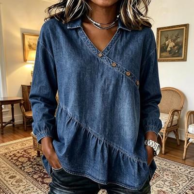 Women's Casual V-Neck Denim Shirt with Ruffled Asymmetric Front Blouse