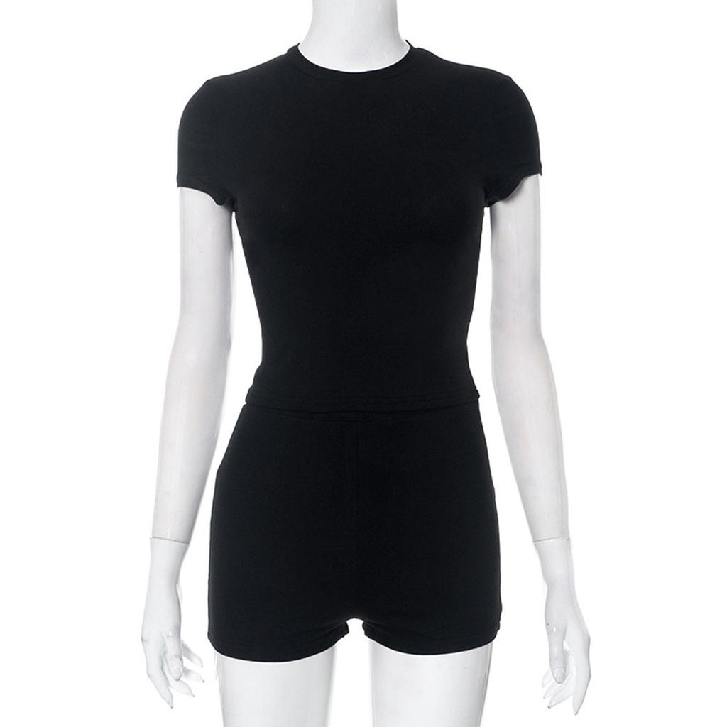 Mode Femme Couleur Unie Haut Manches Courtes Short Ensemble Ensembles de Sport