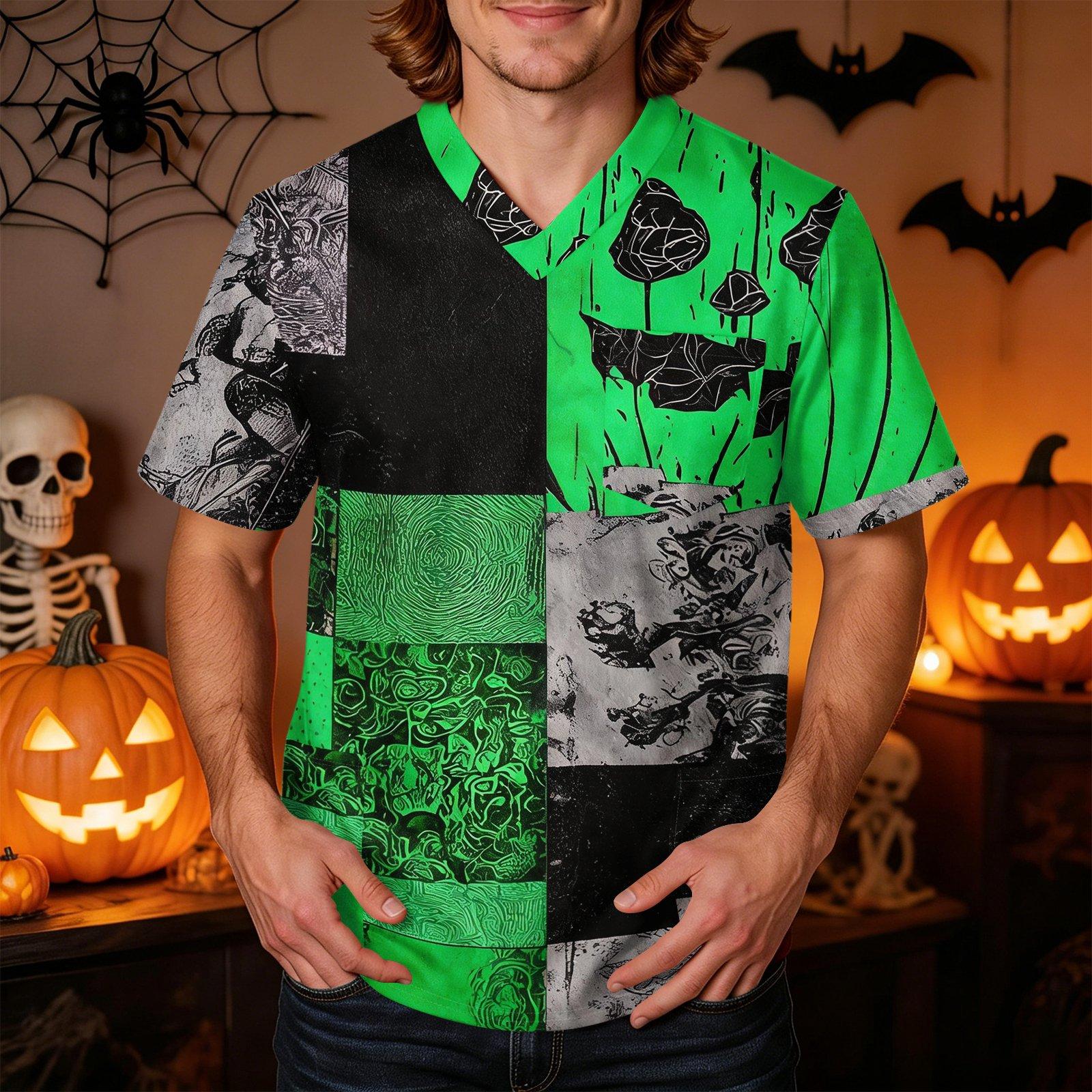 Men s Short Sleeve V-Neck Gradient Print Pocket Work Shirt Top S зелёный