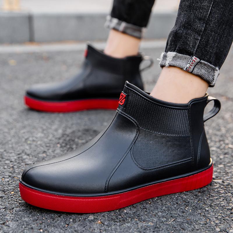 Fashion rain shoes men's short tube adult non-slip water shoes student rain boots fleece thermal rubber shoes work rubber shoes overshoes
