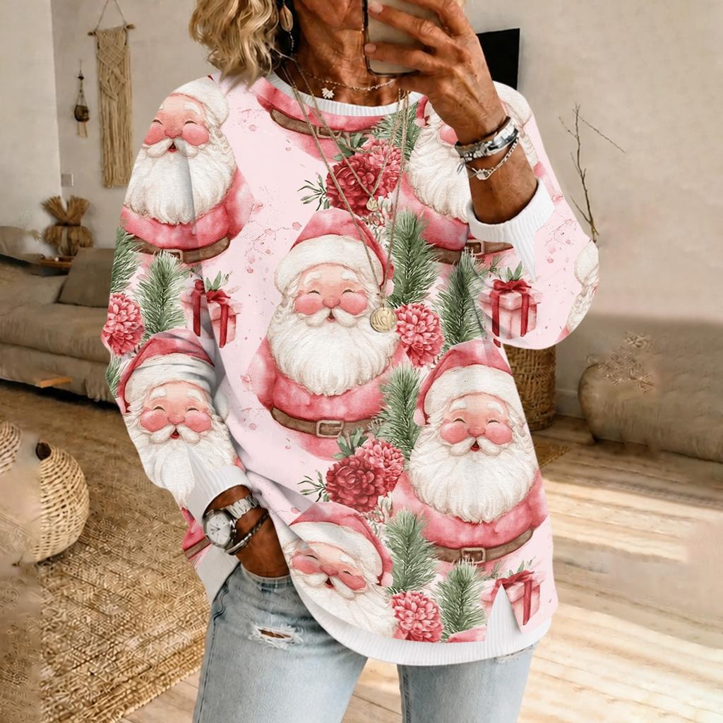 Women's Casual Christmas Print Long Sleeve Pullover with Round Neck